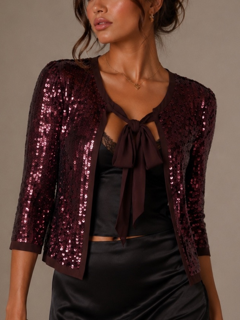Tory Burch Plum Sequin Cardigan with Brown Silk Tie (Size 4 / S)